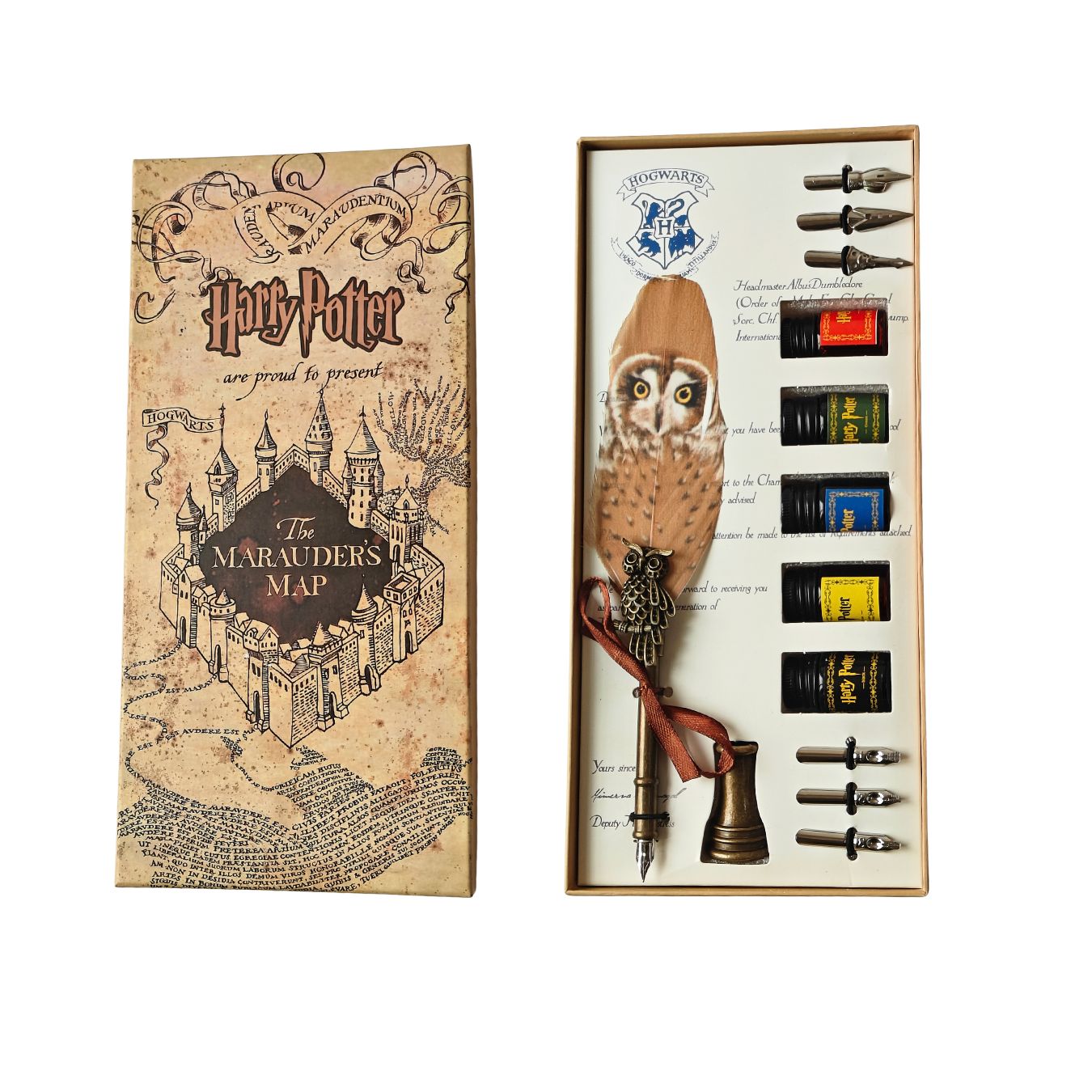 Harry Potter Hogwarts Owl Feather Quill Pen and Ink Set (Brown)