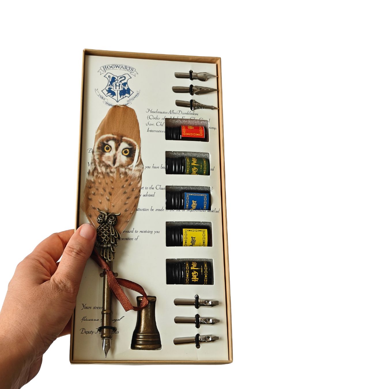 Harry Potter Hogwarts Owl Feather Quill Pen and Ink Set (Brown)