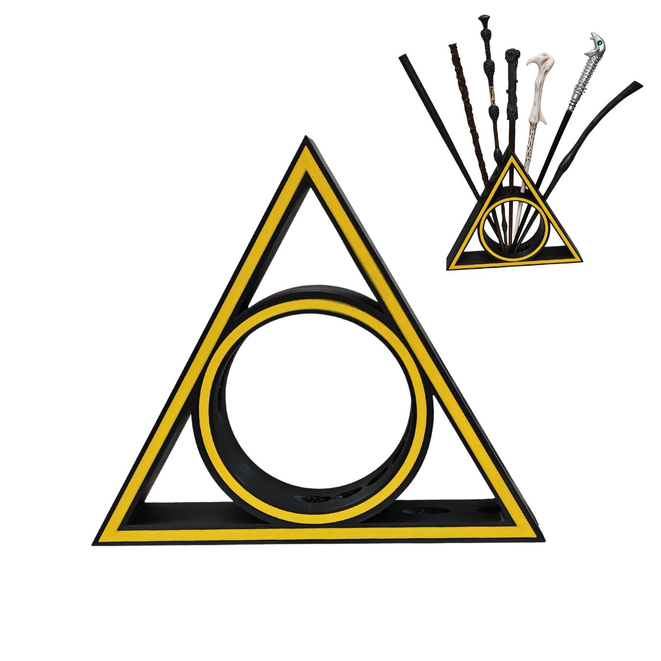 Triangular harry otter wands display with a circle in the center, surrounded by wands on a white background