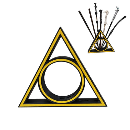 Triangular harry otter wands display with a circle in the center, surrounded by wands on a white background
