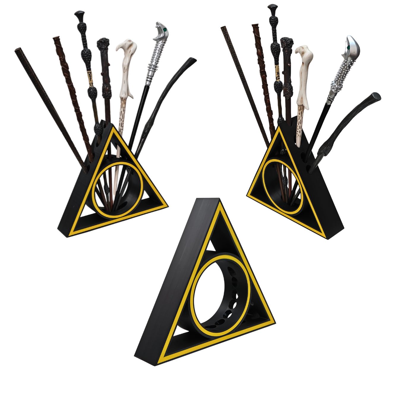 Three triangular stands with wands on a white background