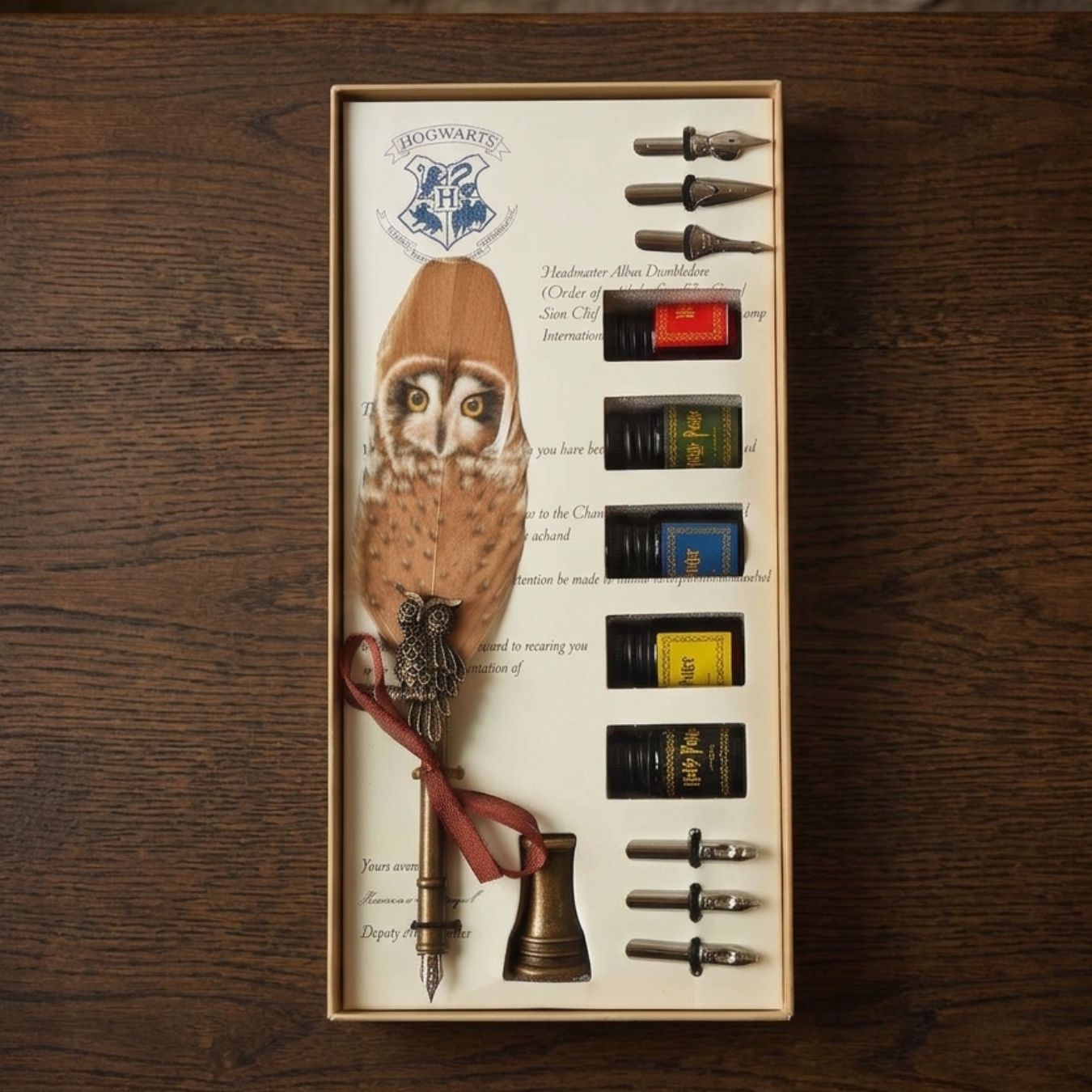 Harry Potter Hogwarts Owl Feather Quill Pen and Ink Set (Brown)